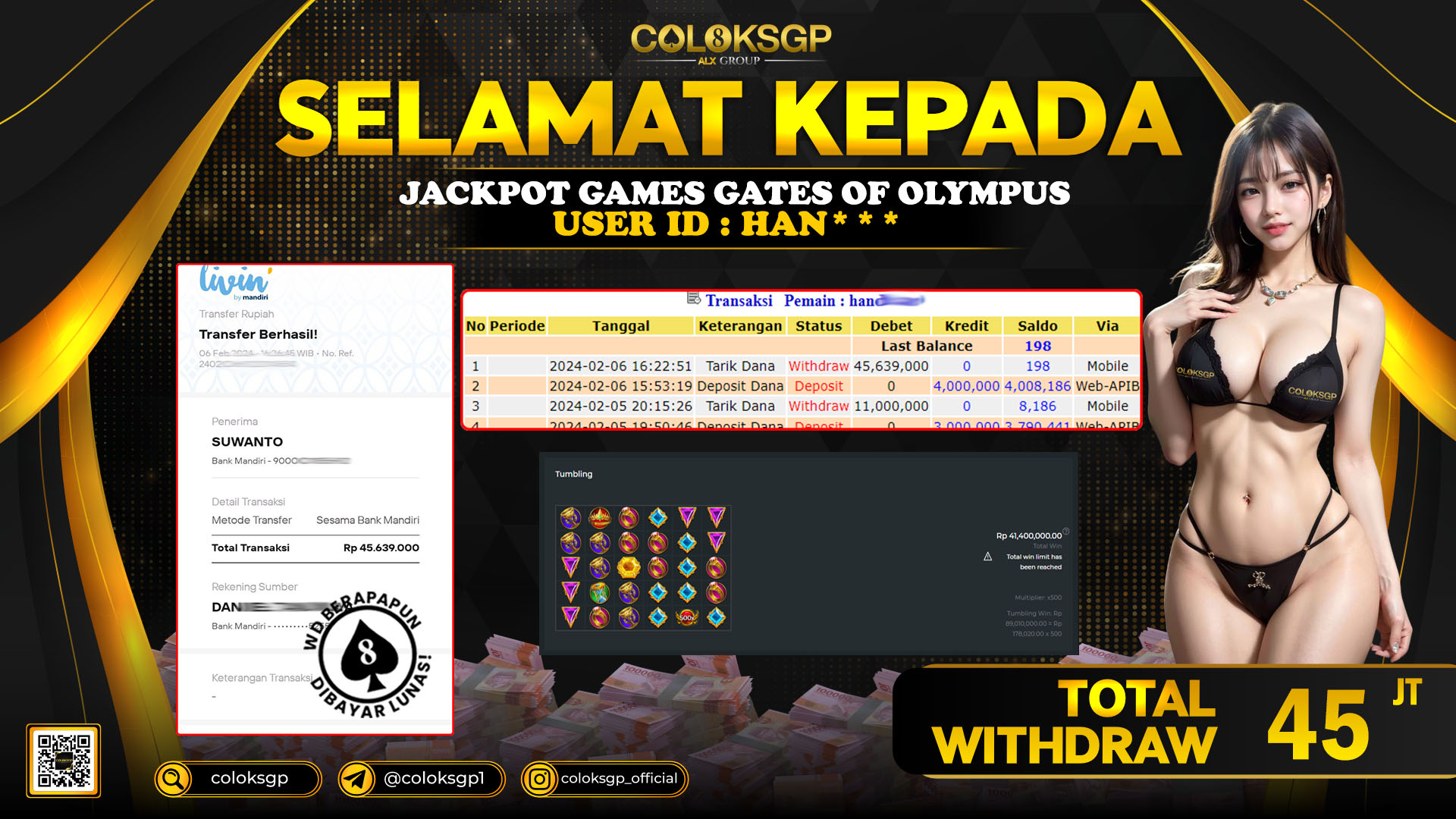 COLOKSGP JACKPOT SLOT GAMES RP 45.000.000 LUNAS