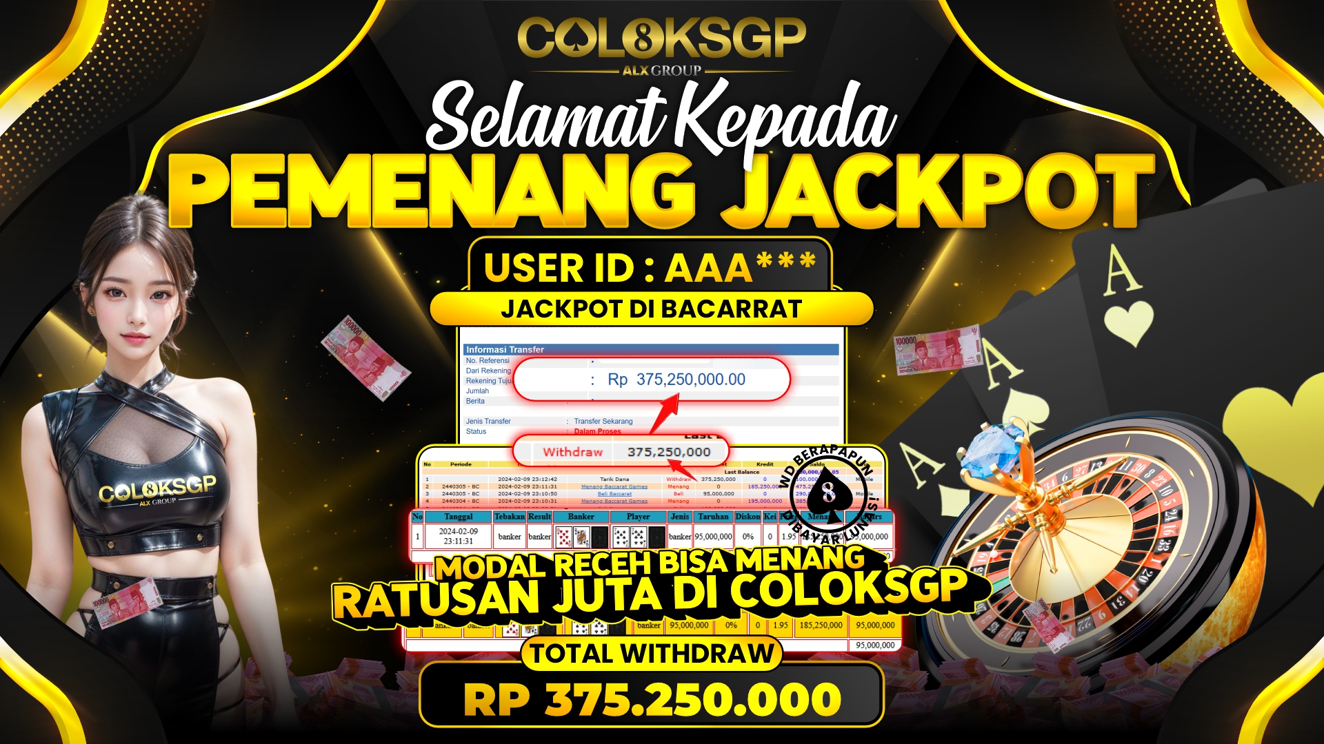 COLOKSGP JACKPOT BACCARAT RP 375.250.000 LUNAS