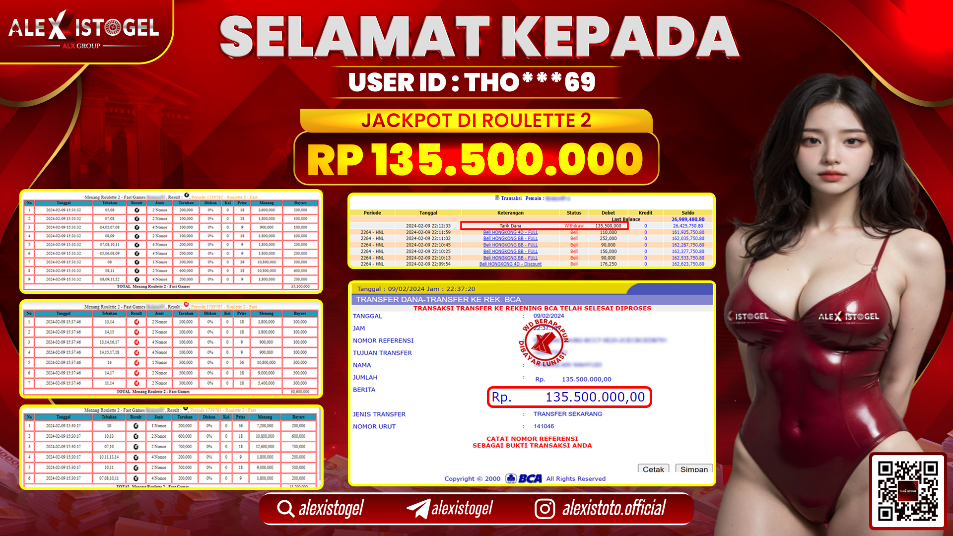 ALEXISTOGEL JACKPOT ROULETTE 2 RP. 135.500.000 LUNAS