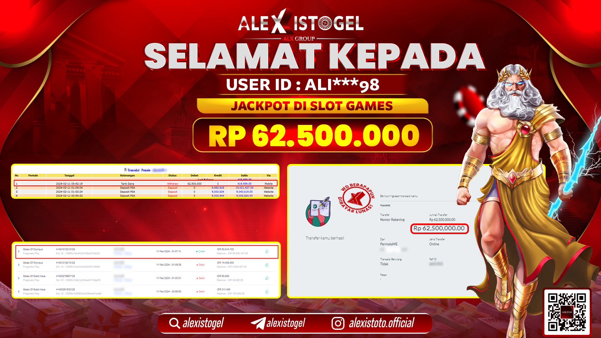 ALEXISTOGEL JACKPOT SLOT GAMES RP. 62.500.000 LUNAS