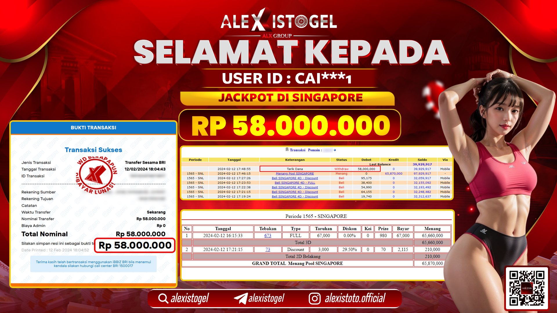 ALEXISTOGEL JACKPOT SINGAPORE POOLS RP. 58.000.000 LUNAS