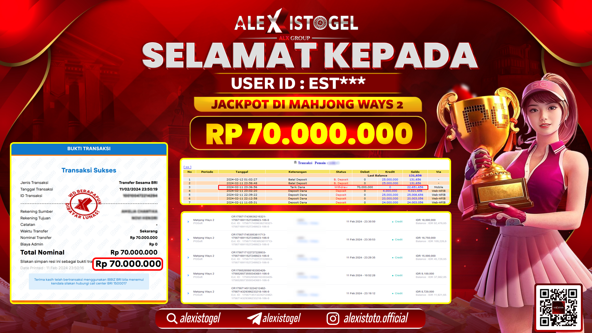 ALEXISTOGEL JACKPOT SLOT GAMES RP. 70.000.000 LUNAS
