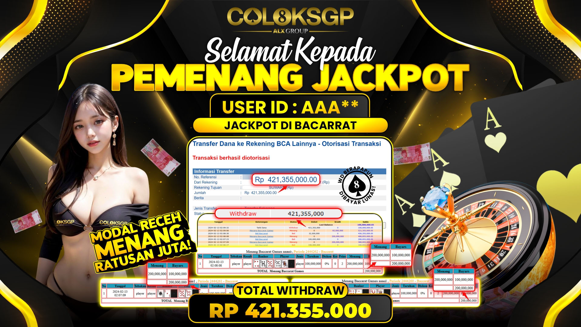 COLOKSGP JACKPOT BACCARAT RP 421.355.000 LUNAS
