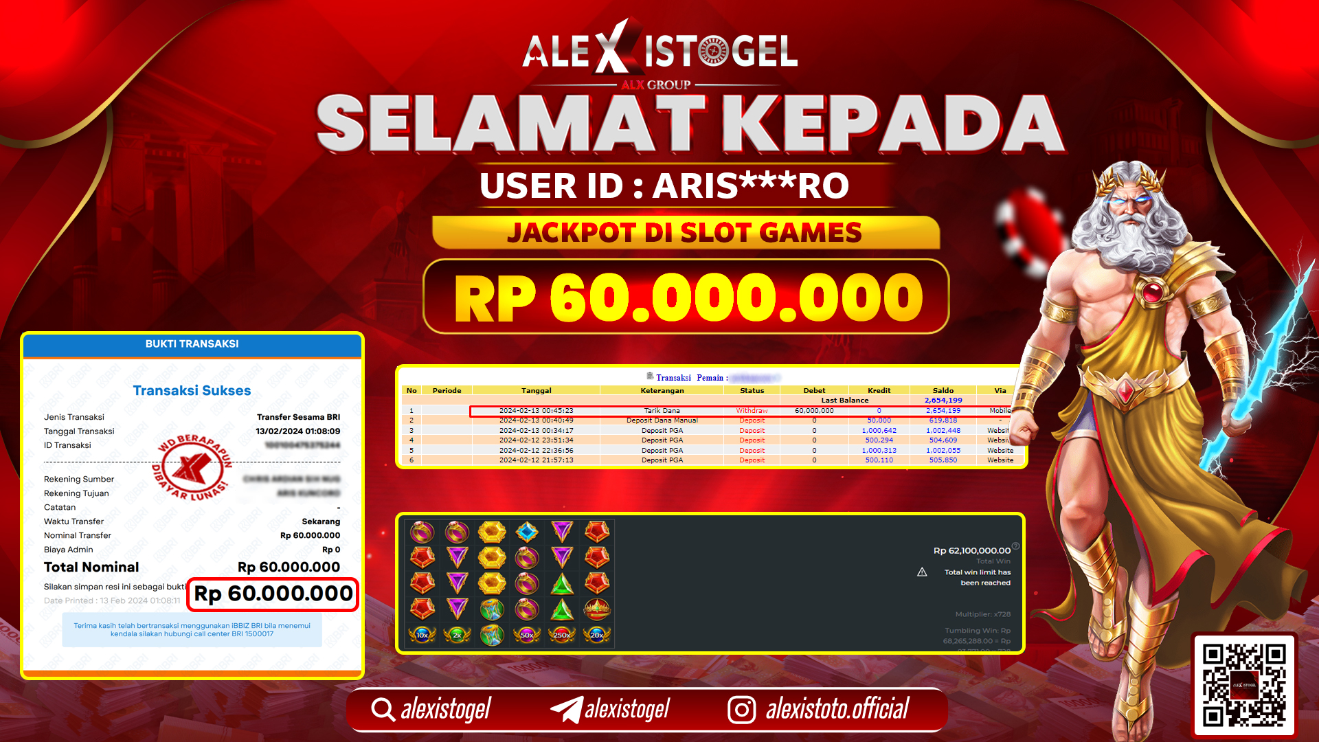 ALEXISTOGEL JACKPOT SLOT GAMES RP. 60.000.000 LUNAS