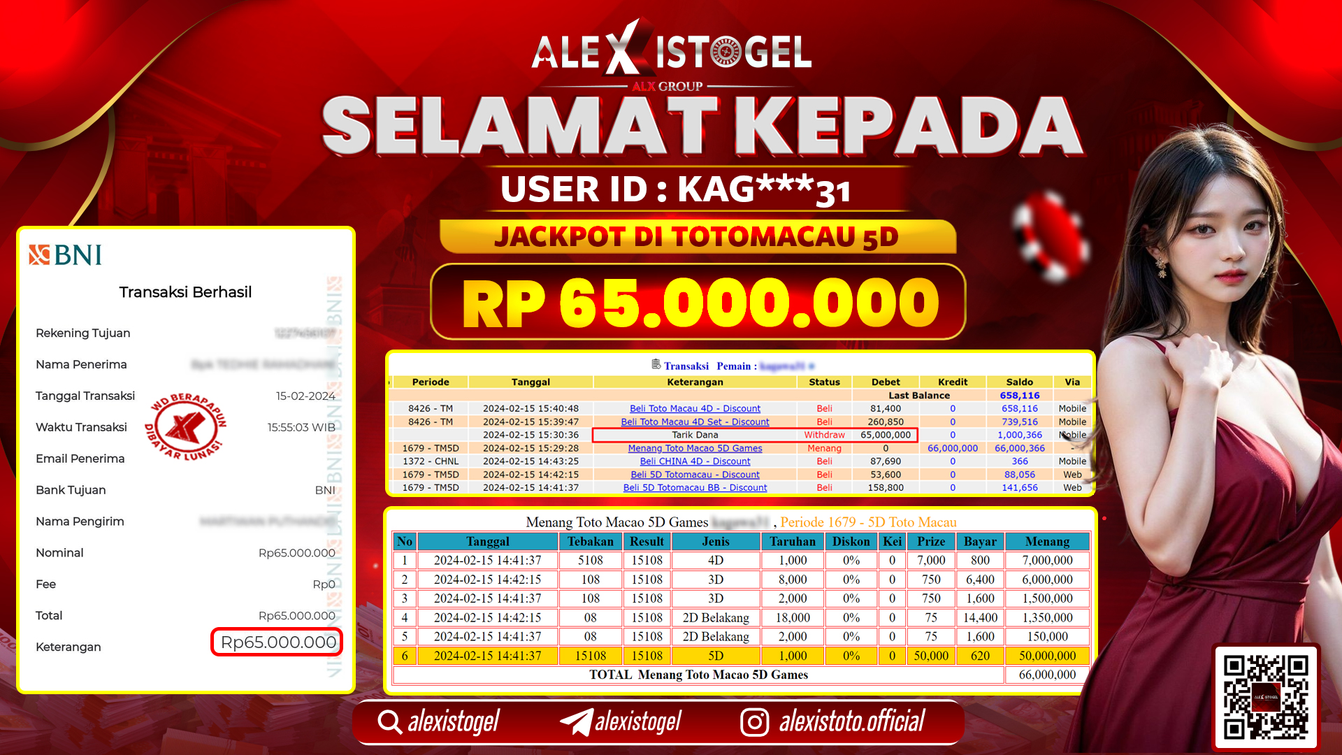ALEXISTOGEL JACKPOT TOTO MACAU 5D RP. 65.000.000 LUNAS