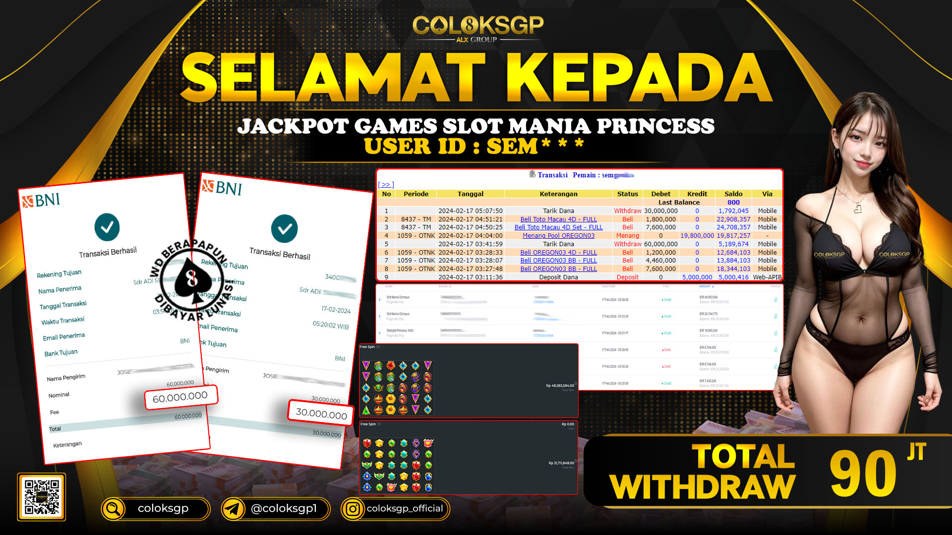 COLOKSGP JACKPOT SLOT GAMES RP 90.000.000 LUNAS