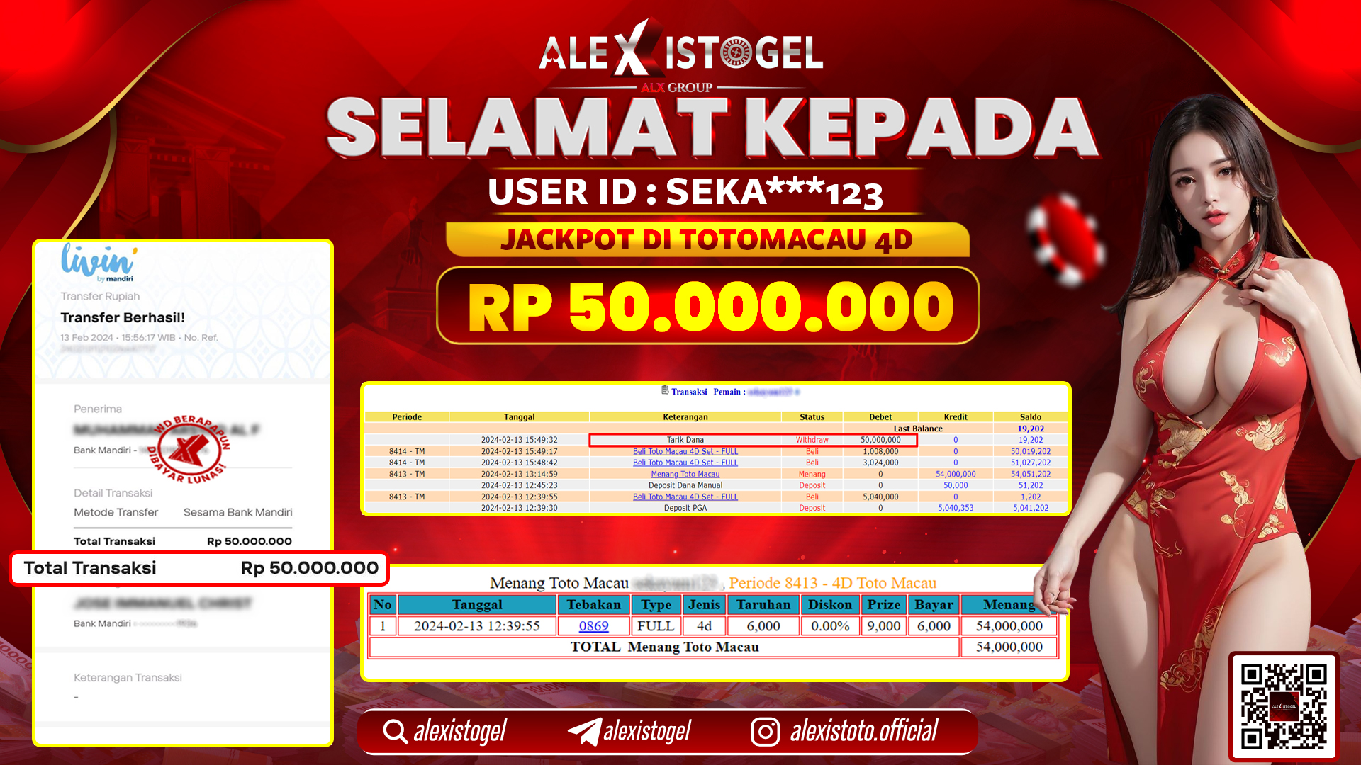 ALEXISTOGEL JACKPOT TOTO MACAU RP. 50.000.000 LUNAS