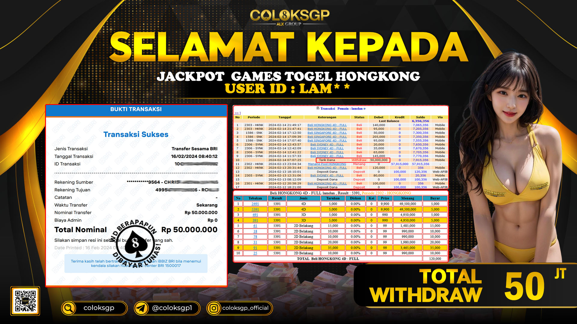 COLOKSGP JACKPOT HONGKONG POOLS RP 50.000.000 LUNAS