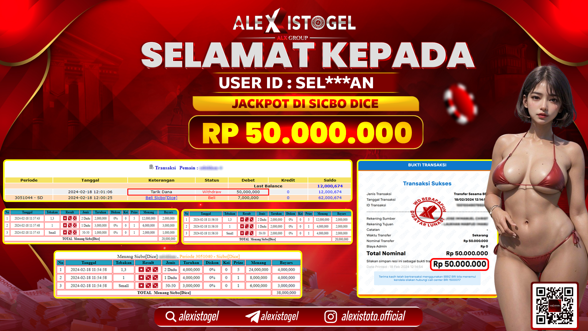 ALEXISTOGEL JACKPOT SICBO DICE RP. 50.000.000 LUNAS