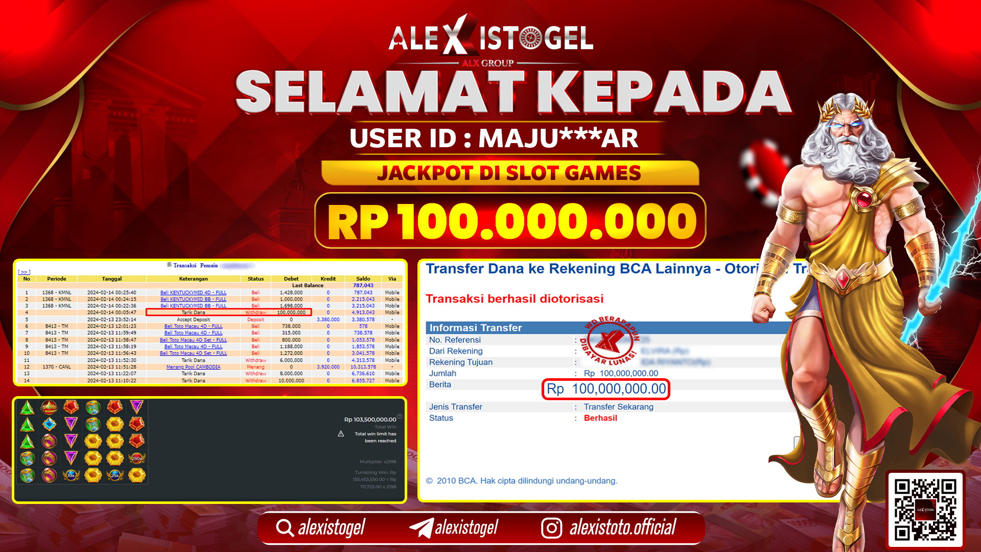ALEXISTOGEL JACKPOT SLOT GAMES RP. 100.000.000 LUNAS