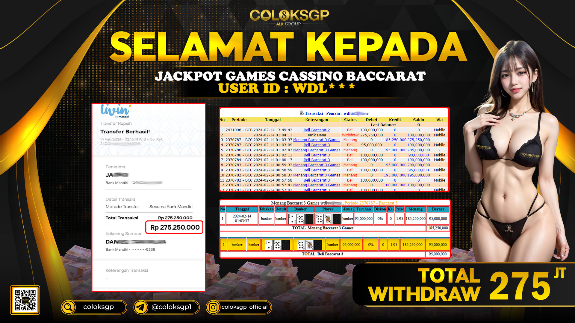 COLOKSGP JACKPOT BACCARAT RP 275.000.000 LUNAS