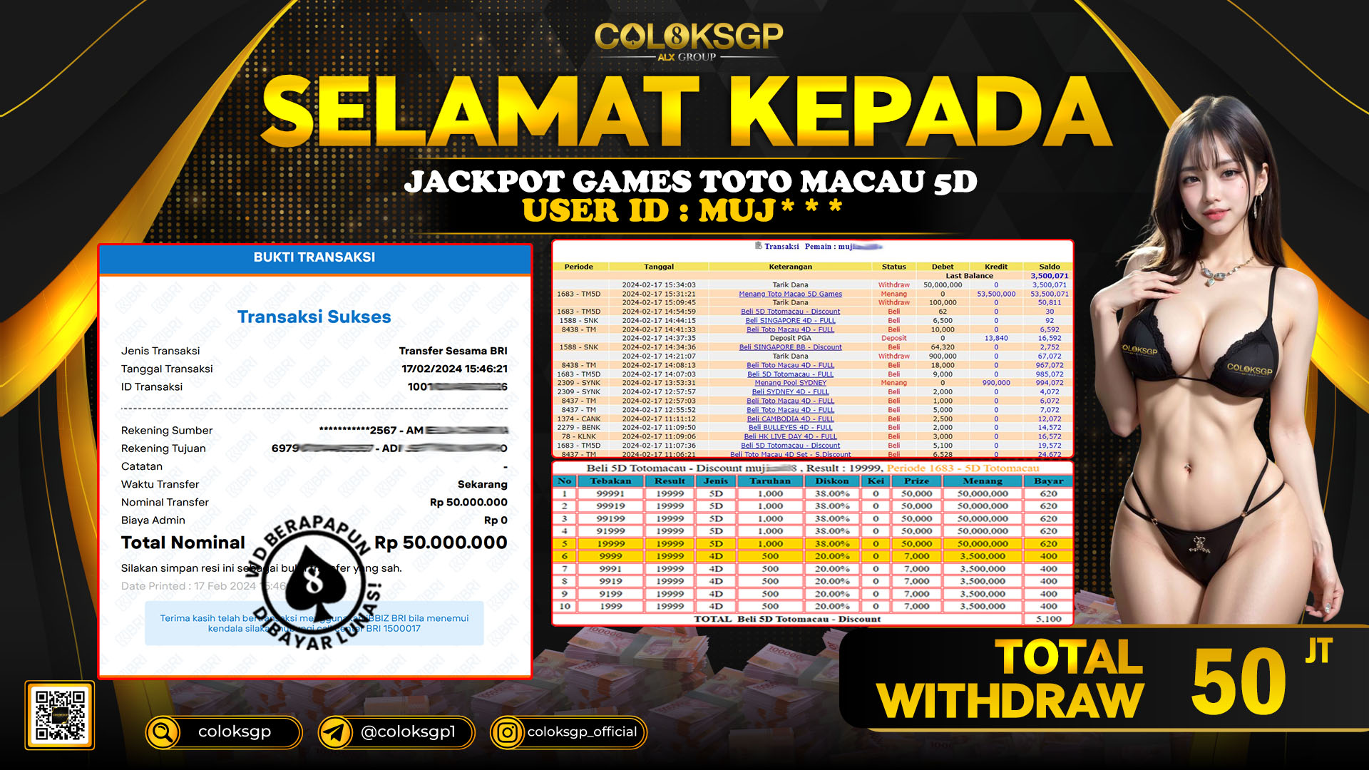 COLOKSGP JACKPOT TOTO MACAU 5D RP 50.000.000 LUNAS