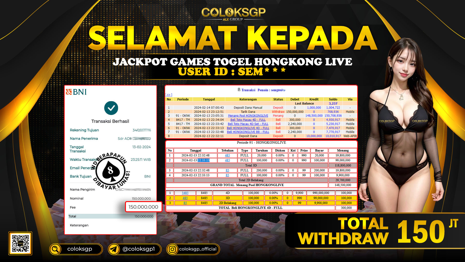 COLOKSGP JACKPOT HONGKONG LIVE RP 150.000.000 LUNAS