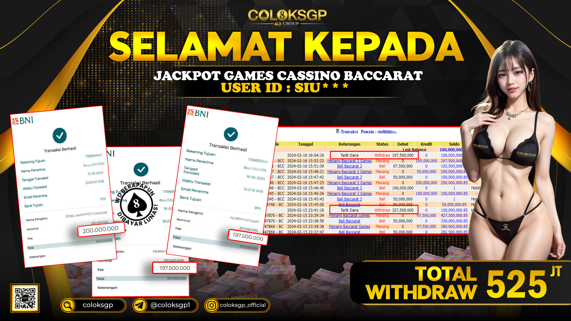 COLOKSGP JACKPOT BACCARAT RP 525.000.000 LUNAS