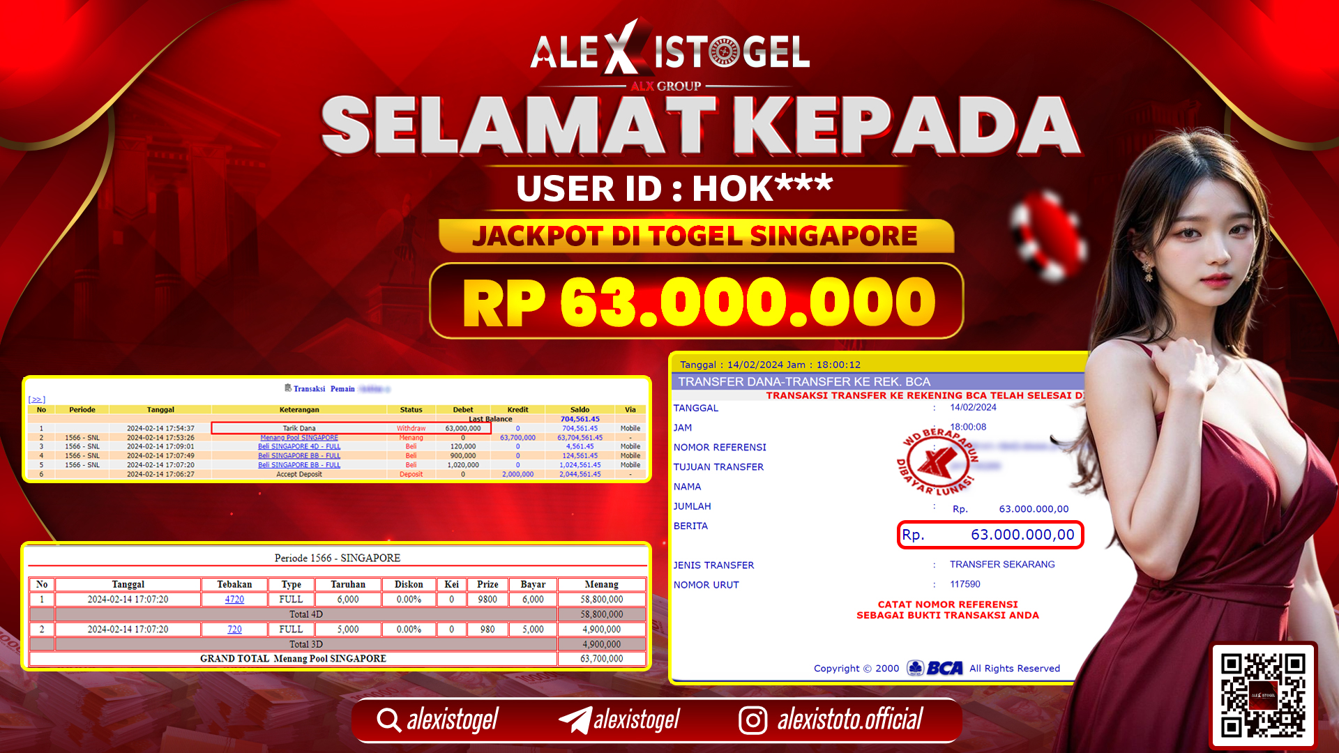 ALEXISTOGEL JACKPOT SINGAPOER POOLS RP. 63.000.000 LUNAS