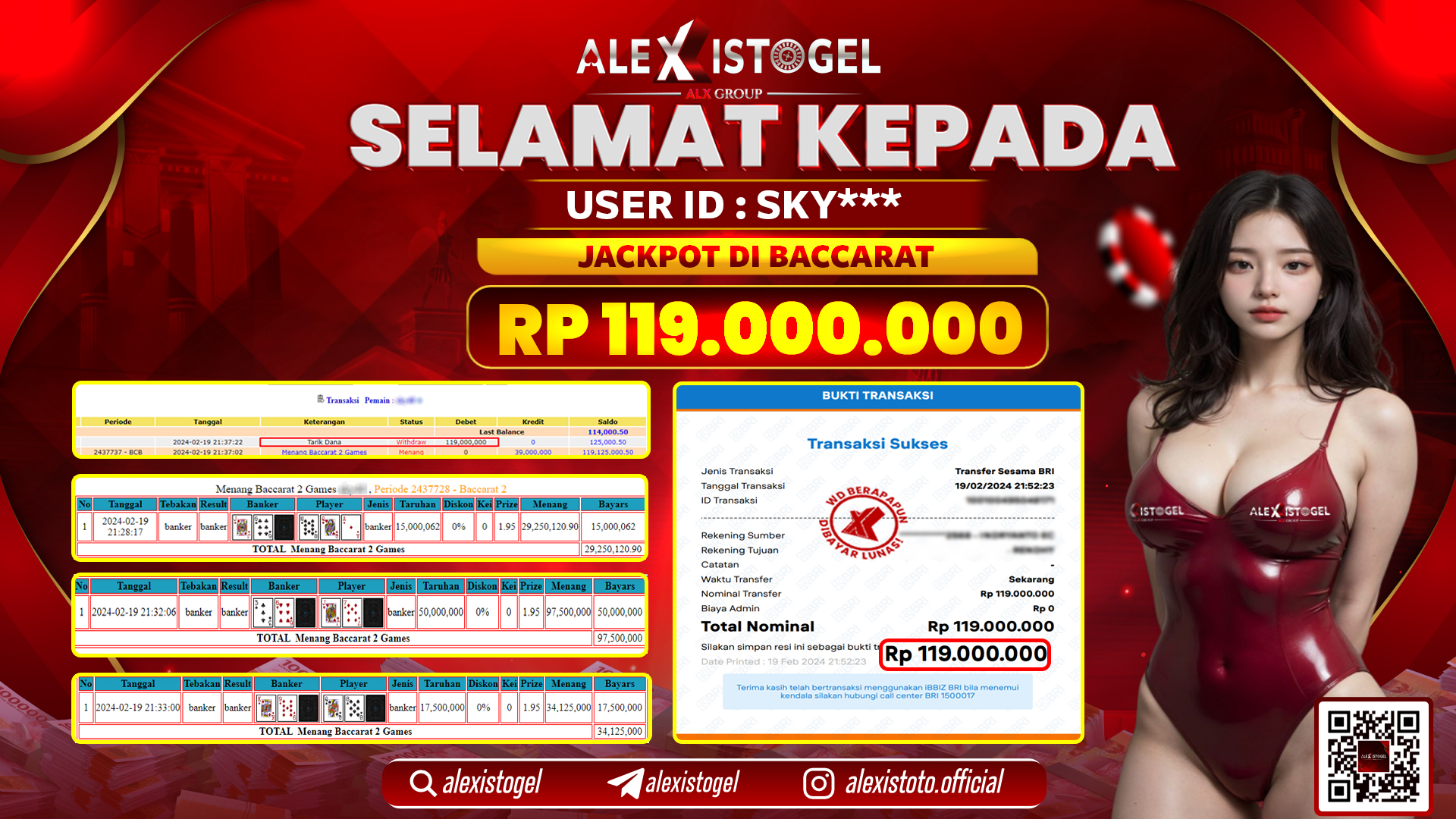 ALEXISTOGEL JACKPOT BACCARAT  RP. 119.000.000 LUNAS