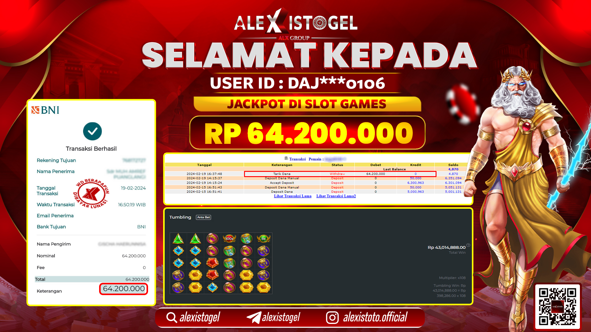ALEXISTOGEL JACKPOT SLOT GAMES RP. 64.200.000 LUNAS