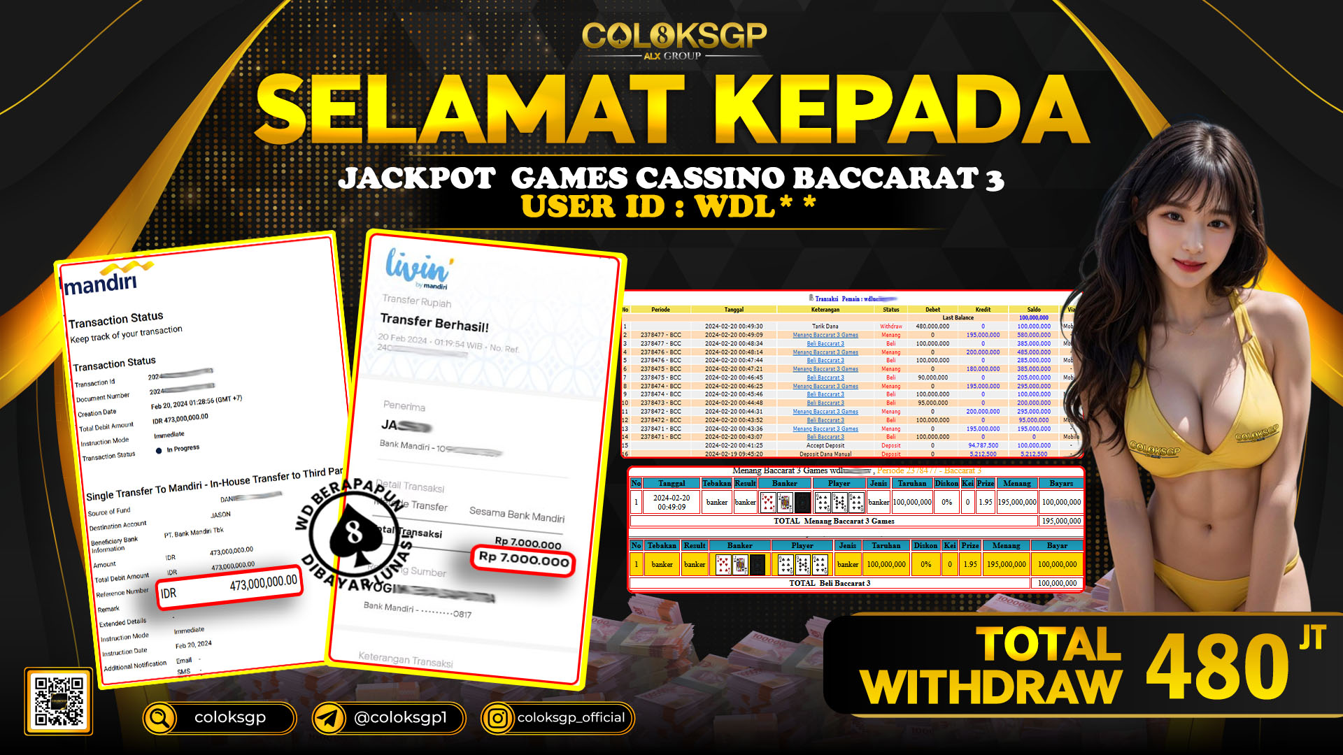 COLOKSGP JACKPOT BACCARAT 3 RP 480.000.000 LUNAS
