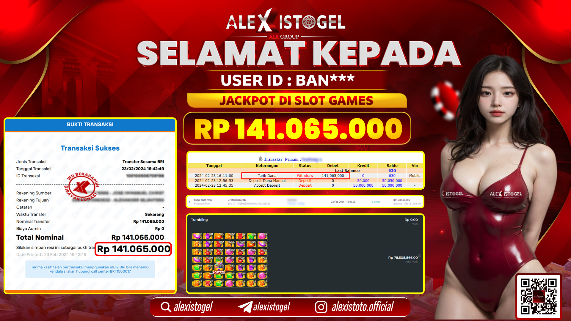 ALEXISTOGEL JACKPOT SLOT GAMES RP. 141.065.000 LUNAS