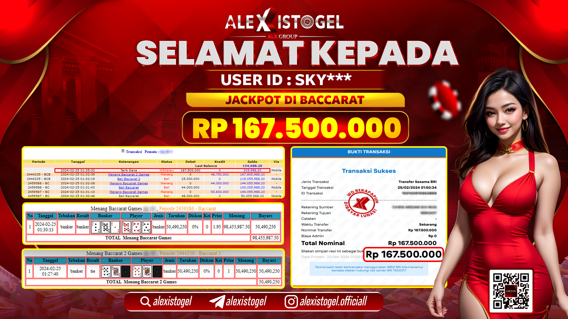 ALEXISTOGEL JACKPOT BACCARAT RP. 167.500.000 LUNAS