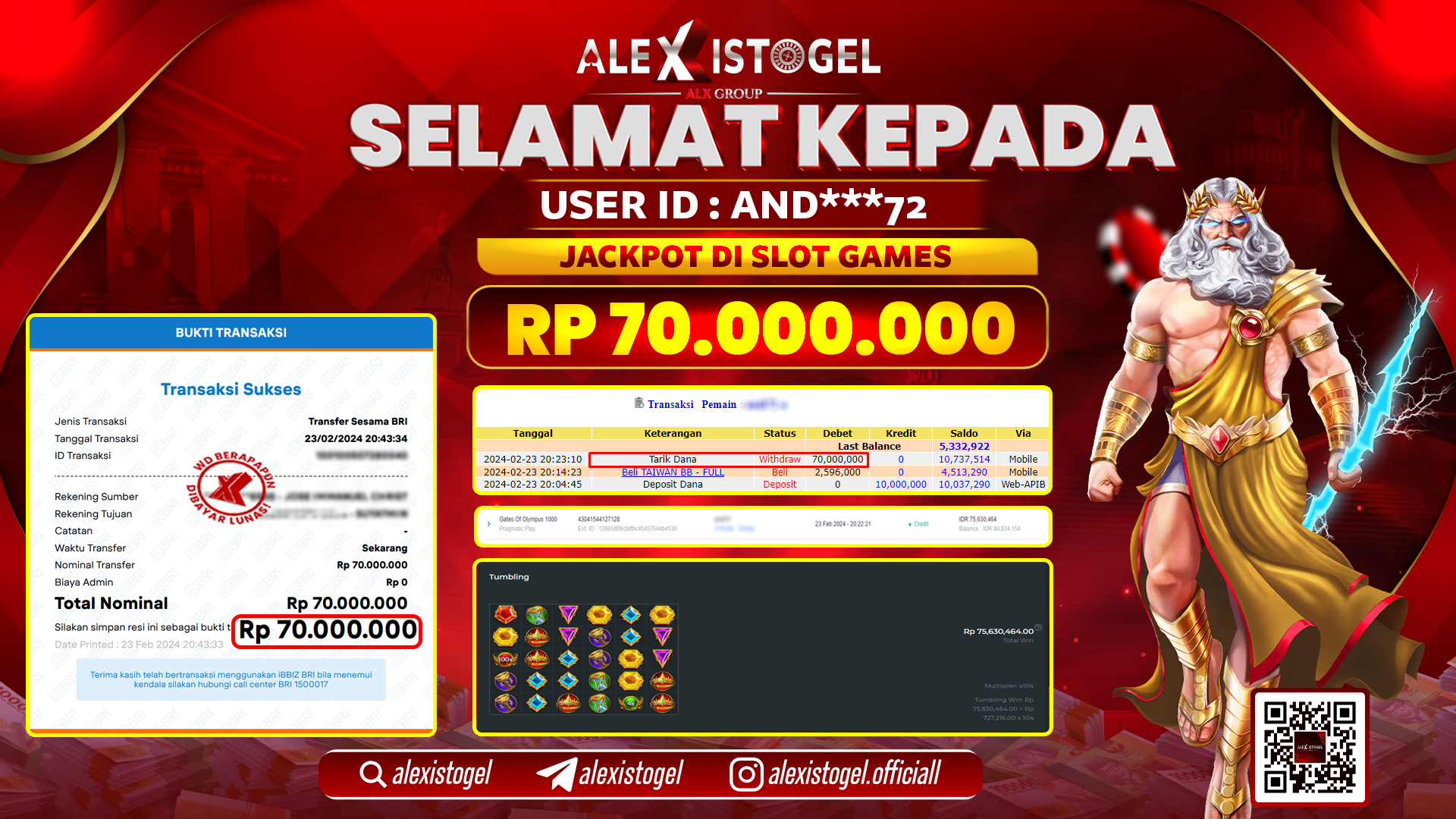 ALEXISTOGEL JACKPOT SLOT GAMES RP. 70.000.000 LUNAS