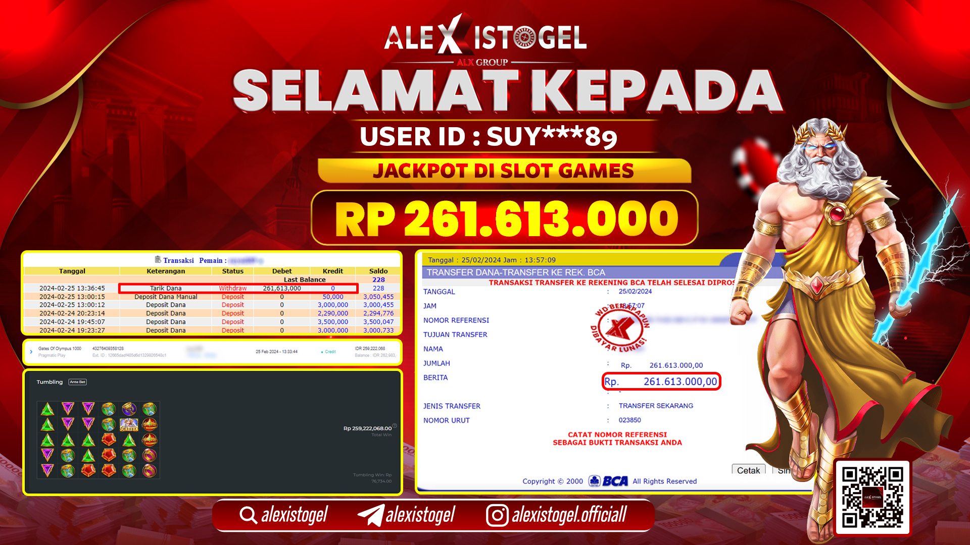 ALEXISTOGEL JACKPOT SLOT GAMES RP. 261.613.000 LUNAS