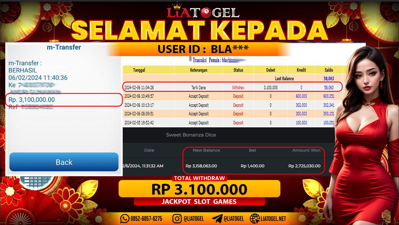 LIATOGEL - JACKPOT SLOT GAMES SWEET BONANZA DICE RP 3.100.000,- LUNAS