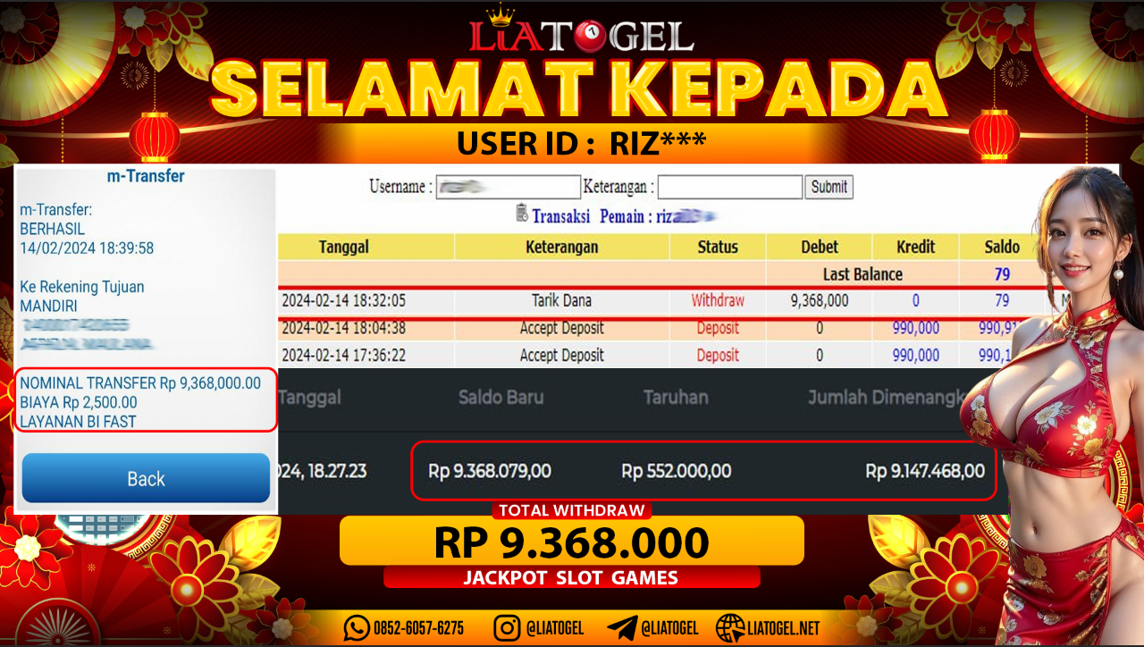 LIATOGEL - JACKPOT SLOT GAMES RP 9.368.000,- LUNAS