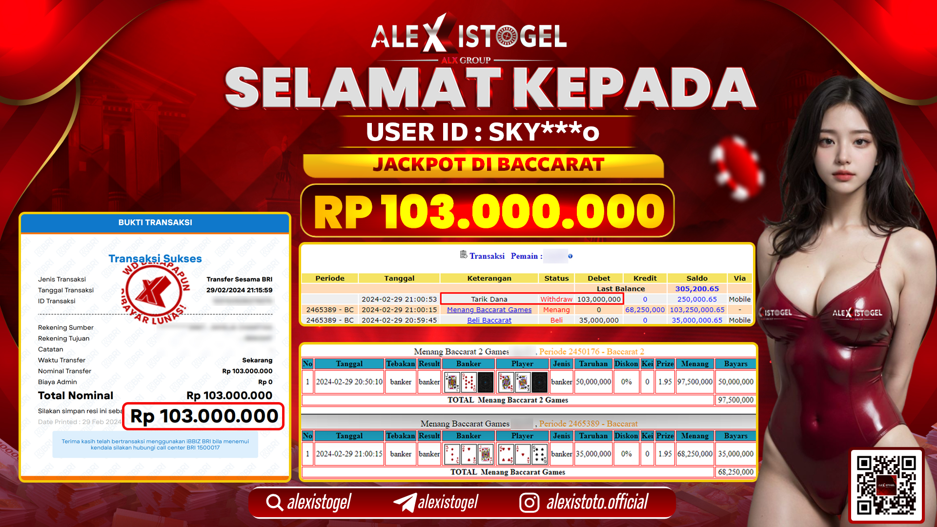 ALEXISTOGEL JACKPOT BACCARAT RP. 103.000.000 LUNAS