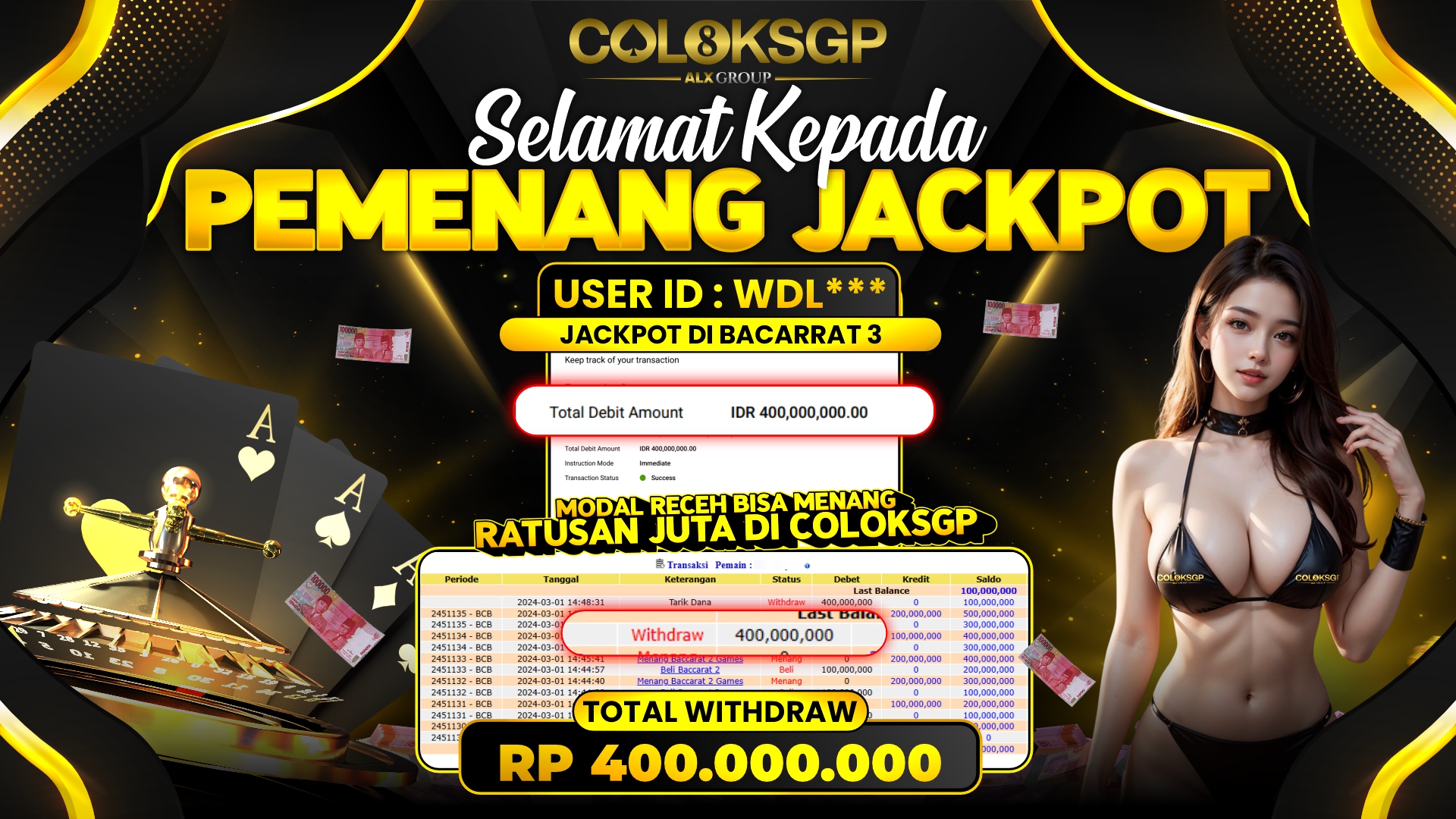 COLOKSGP JACKPOT BACCARAT 3 RP 400.000.000 LUNAS