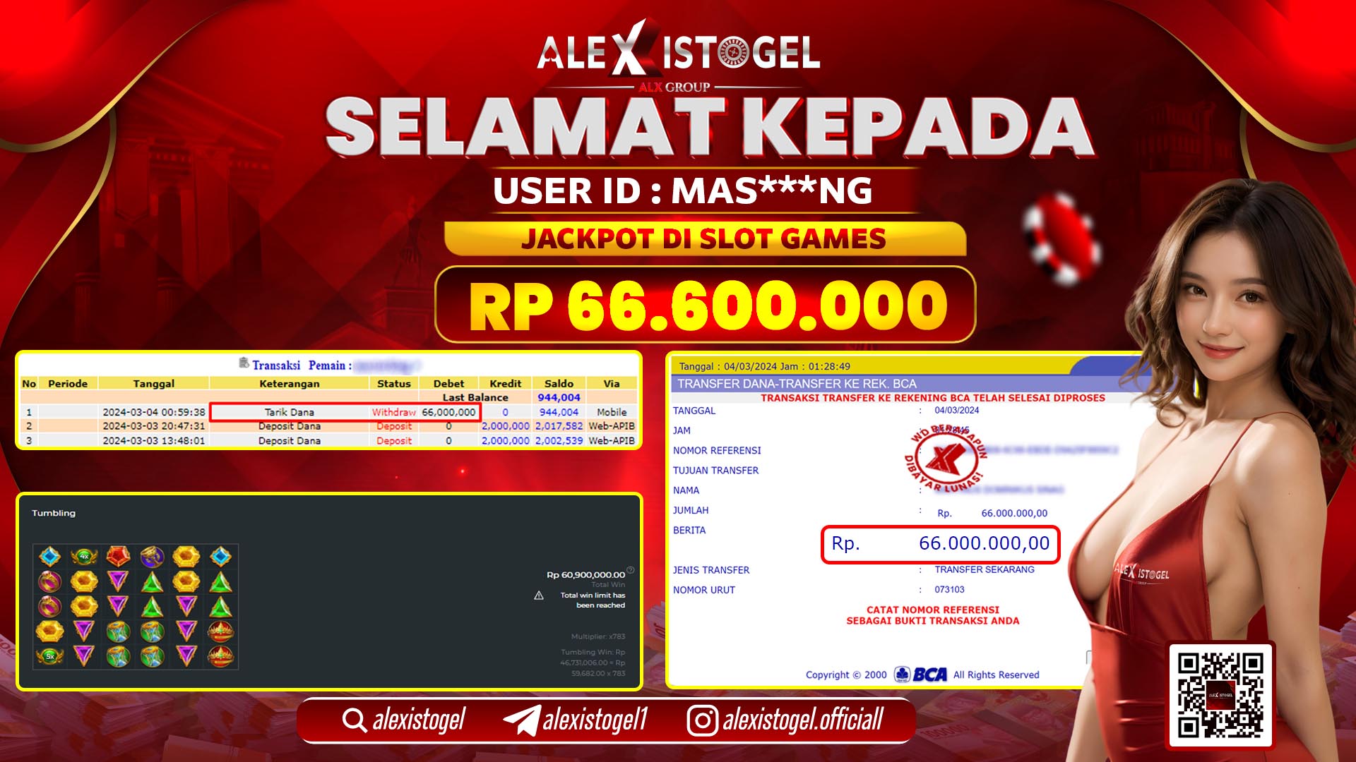 ALEXISTOGEL JACKPOT SLOT GAMES RP. 66.600.000 LUNAS