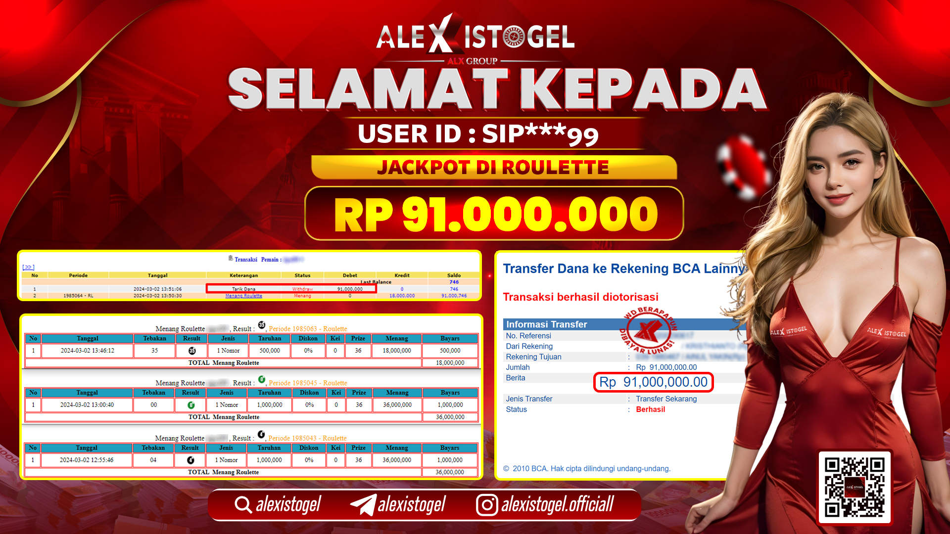 ALEXISTOGEL JACKPOT ROULETTE RP. 91.000.000 LUNAS