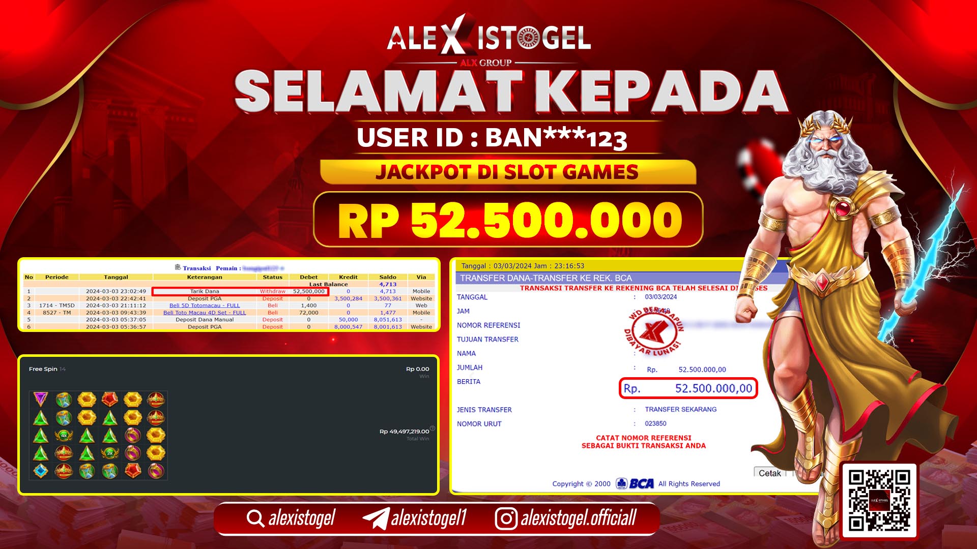 ALEXISTOGEL JACKPOT SLOT GAMES RP. 52.500.000 LUNAS