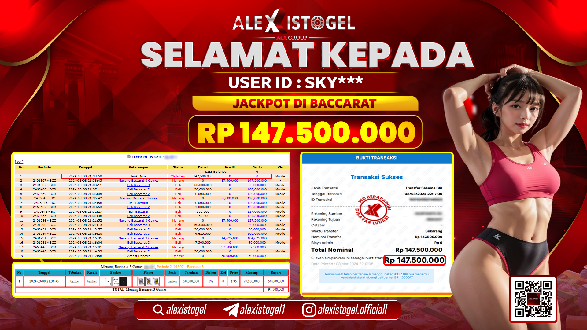 ALEXISTOGEL JACKPOT BACCARAT RP. 147.500.000 LUNAS