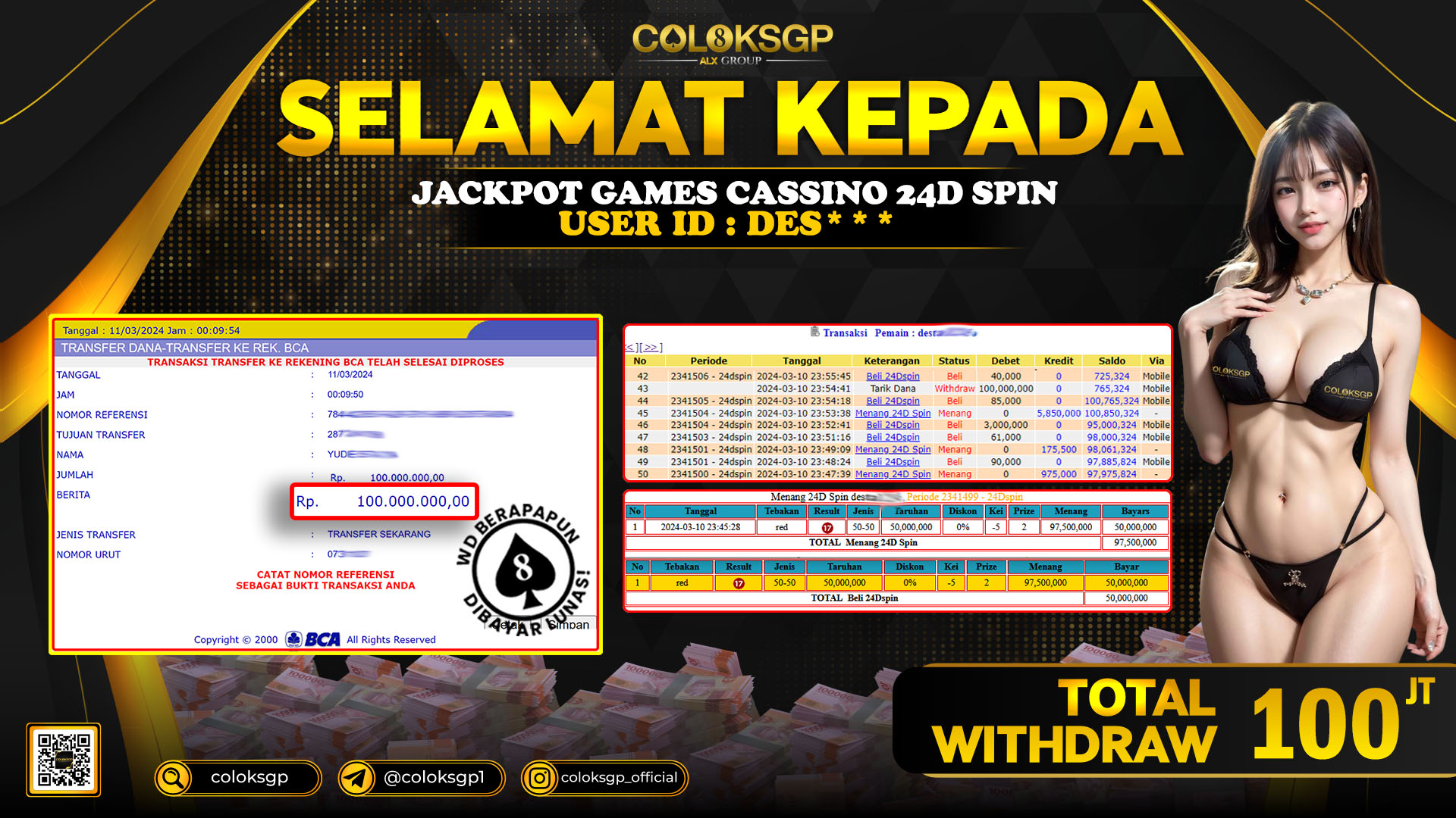 COLOKSGP JACKPOT 24D SPIN RP 100.000.000 LUNAS