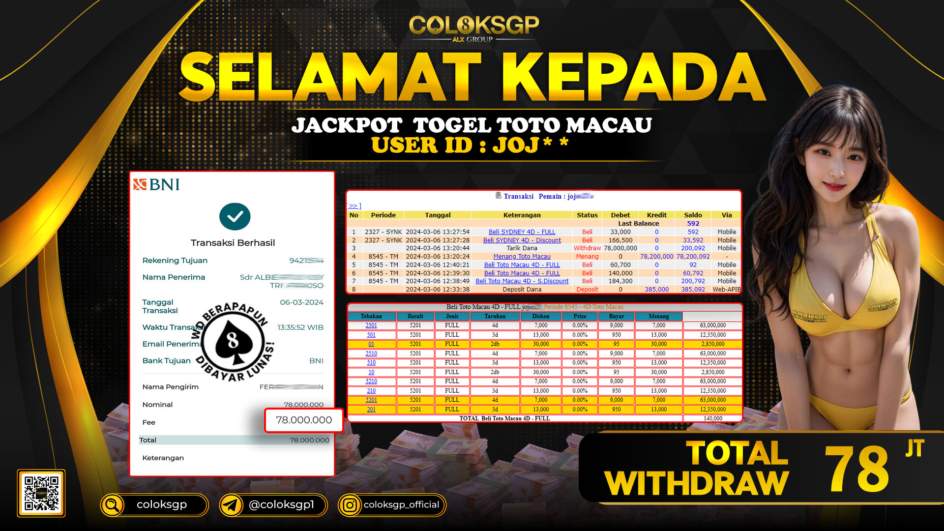 COLOKSGP JACKPOT TOTO MACAU POOLS RP 78.000.000 LUNAS