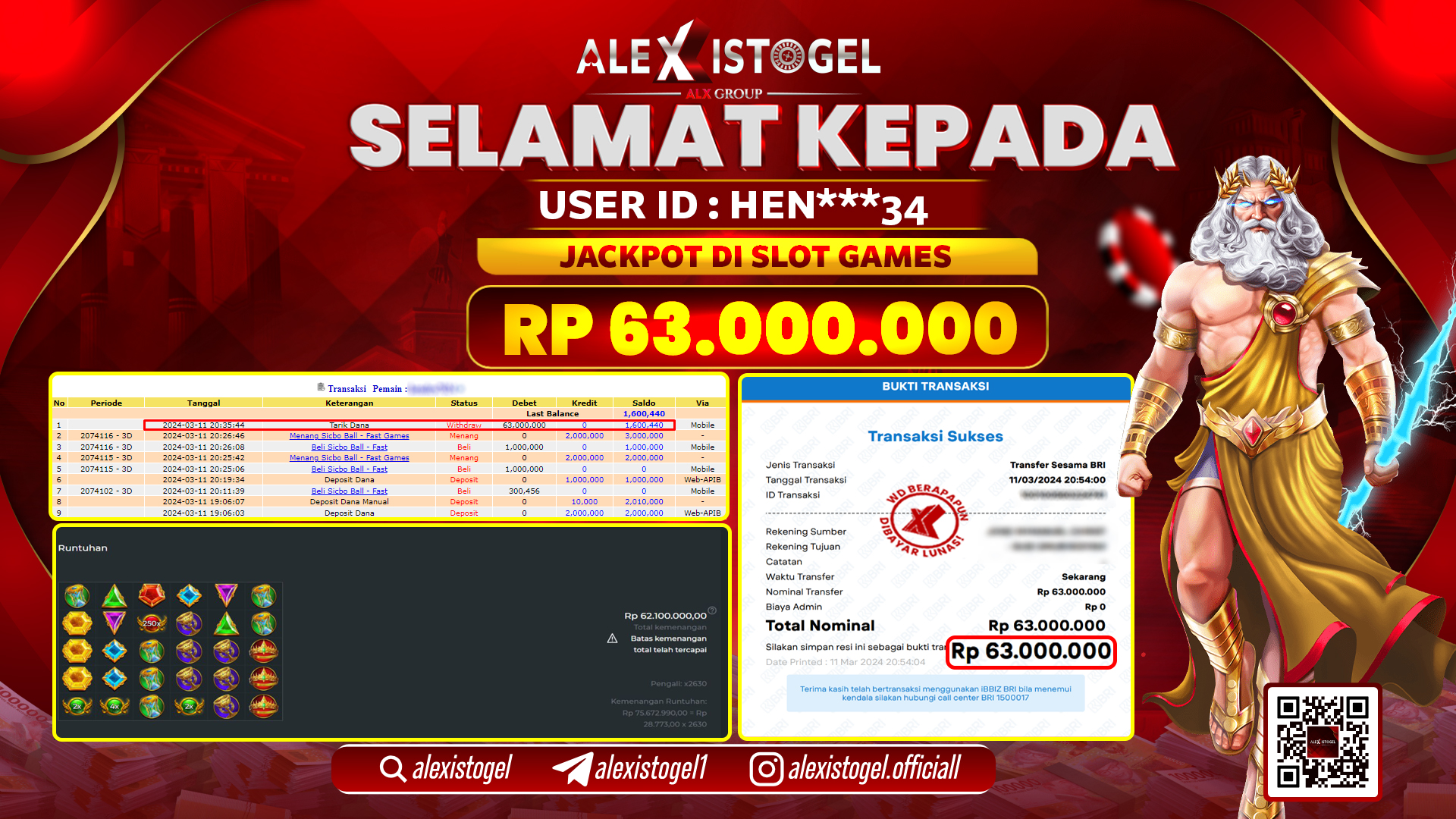ALEXISTOGEL JACKPOT SLOT GAMES RP. 63.000.000 LUNAS