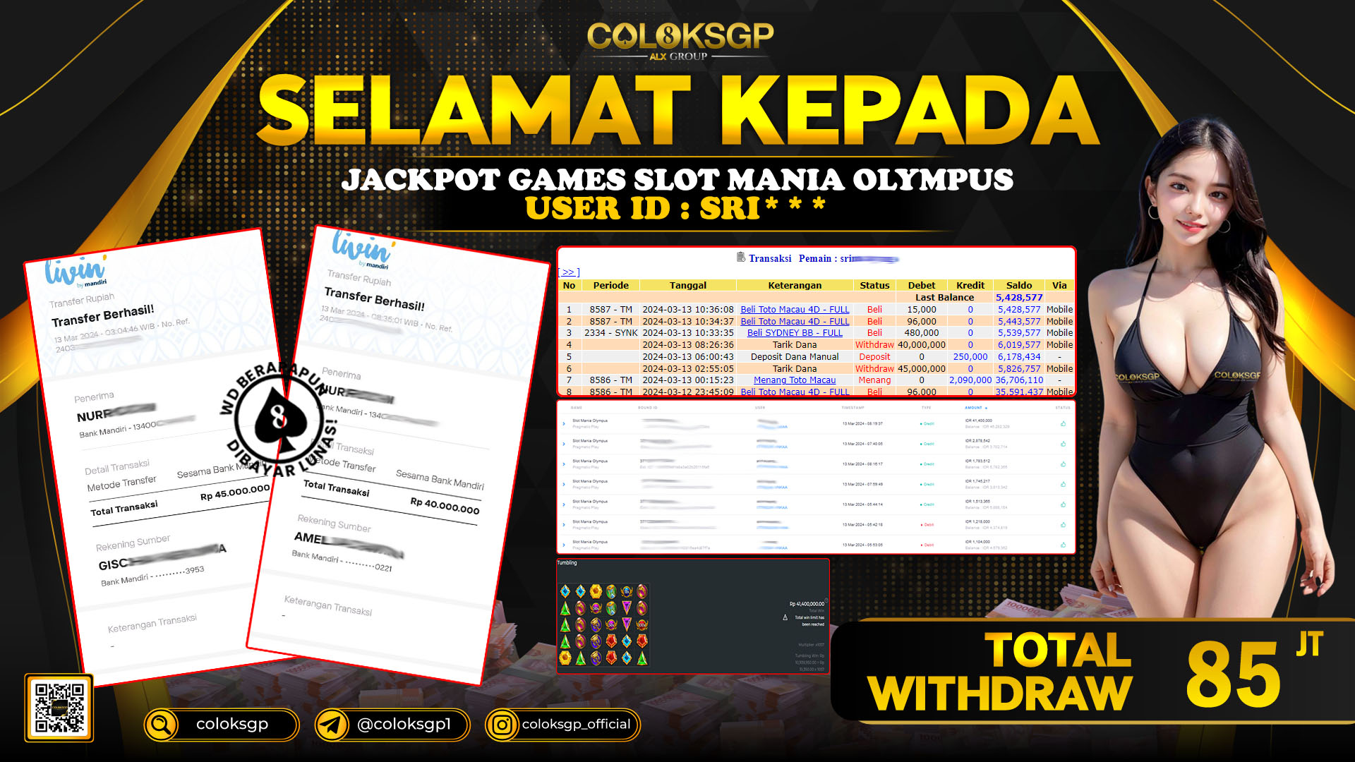 COLOKSGP JACKPOT SLOT GAMES RP 85.000.000 LUNAS