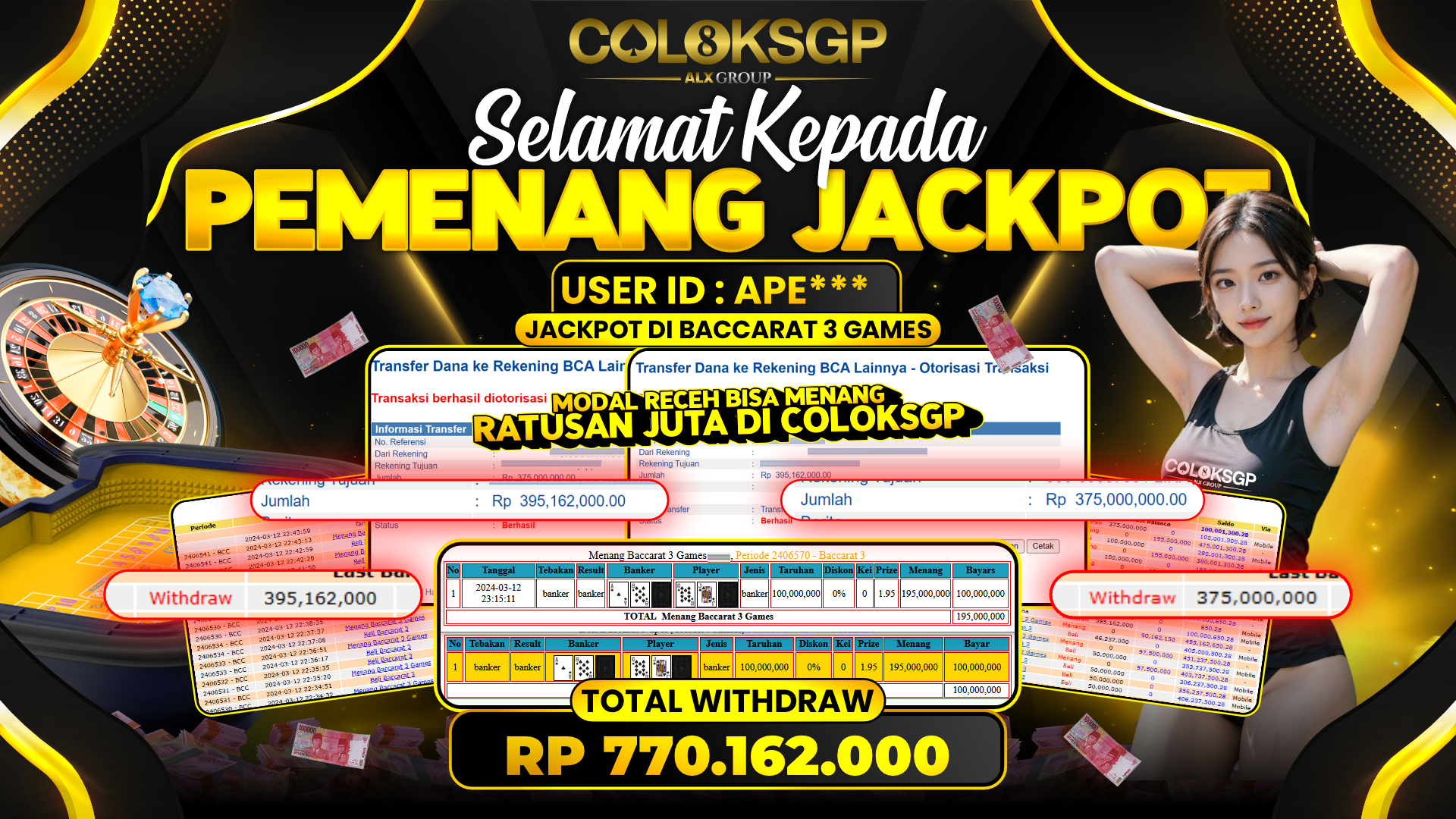 COLOKSGP JACKPOT BACCARAT 3 RP 770.162.000 LUNAS