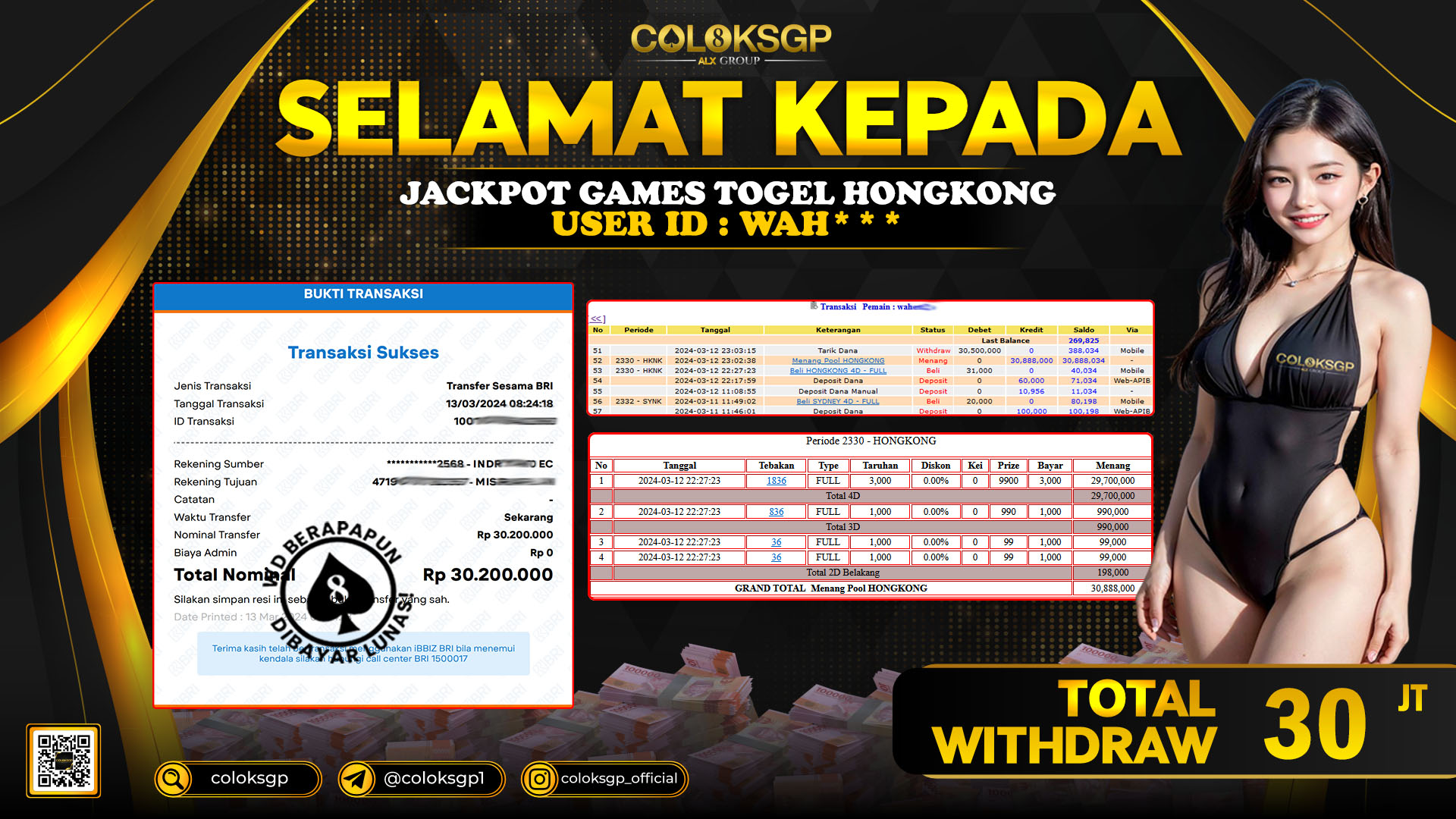 COLOKSGP JACKPOT HONGKONG POOLS RP 30.000.000 LUNAS