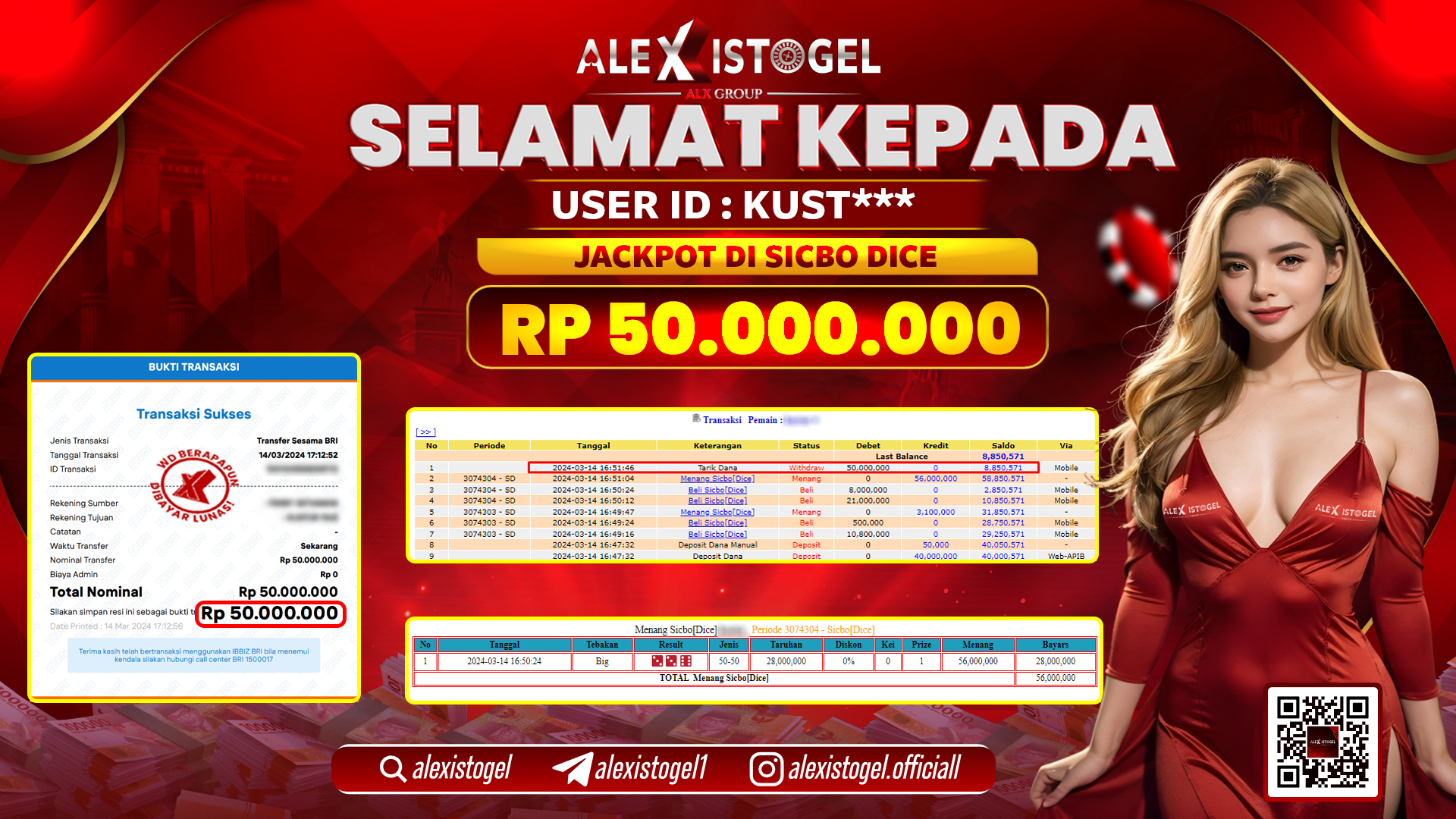 ALEXISTOGEL JACKPOT SICBO DICE RP. 50.000.000 LUNAS