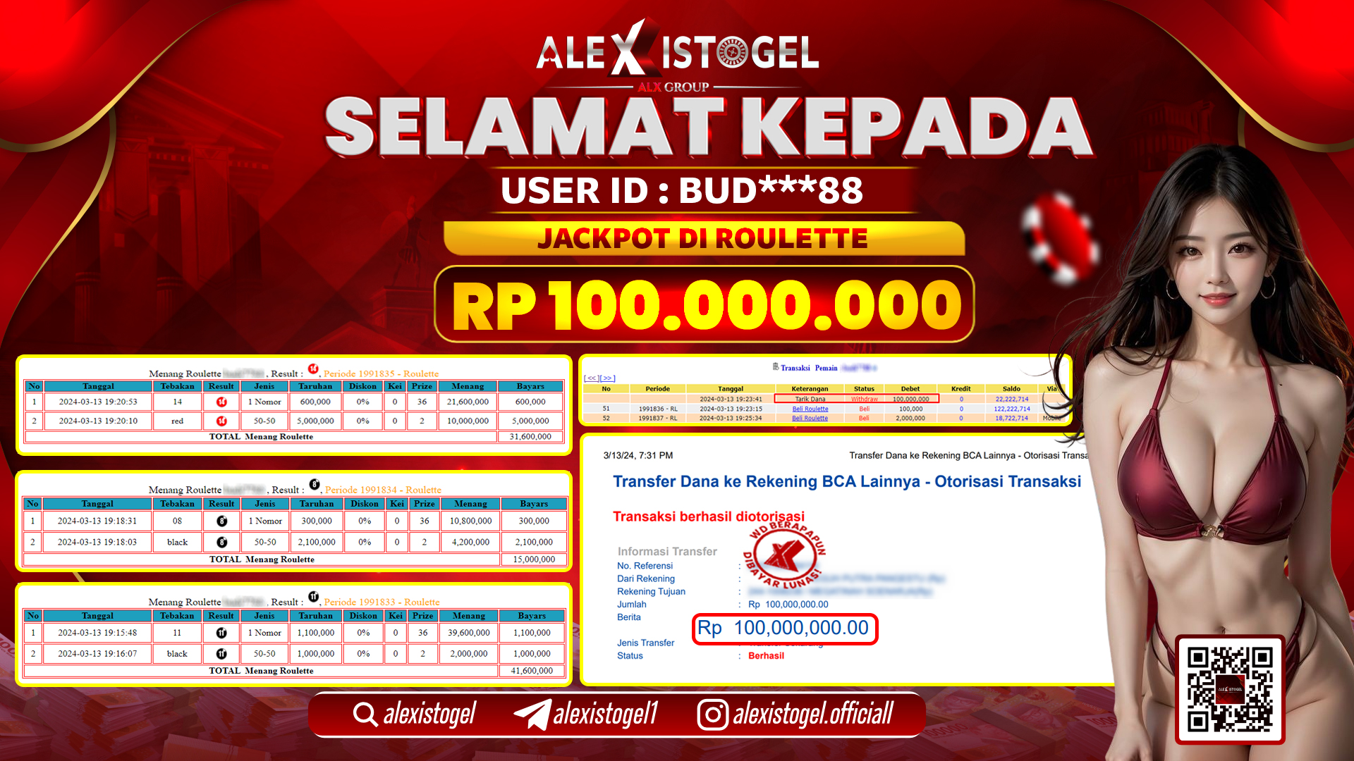 ALEXISTOGEL JACKPOT ROULETTE RP. 100.000.000 LUNAS