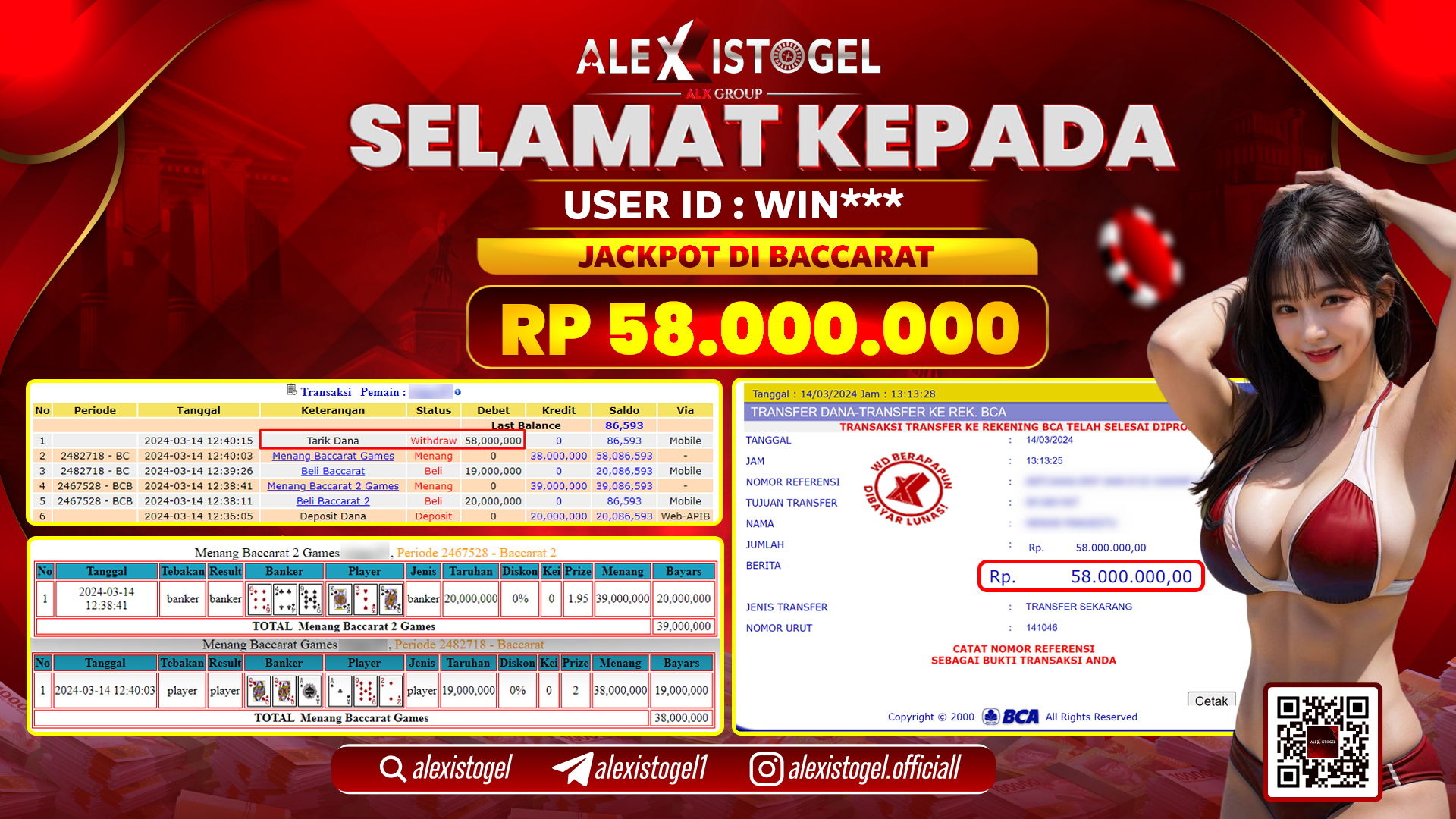 ALEXISTOGEL JACKPOT BACARAT RP. 58.000.000 LUNAS