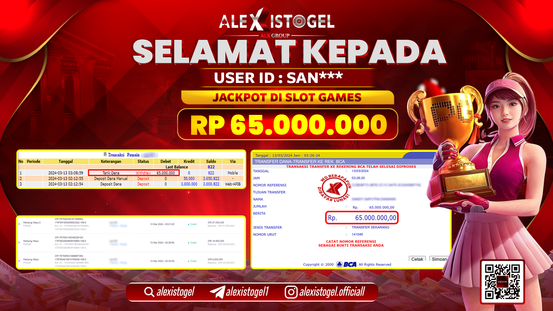 ALEXISTOGEL JACKPOT SLOT GAMES RP. 65.000.000 LUNAS