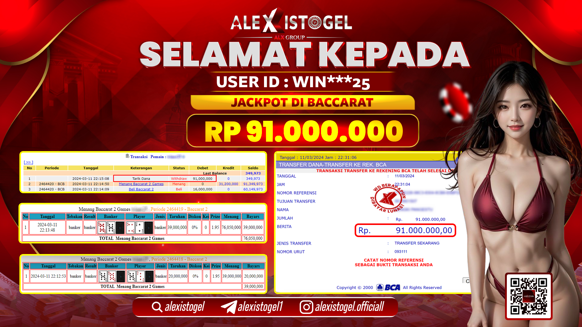 ALEXISTOGEL JACKPOT BACCARAT RP. 91.000.000 LUNAS
