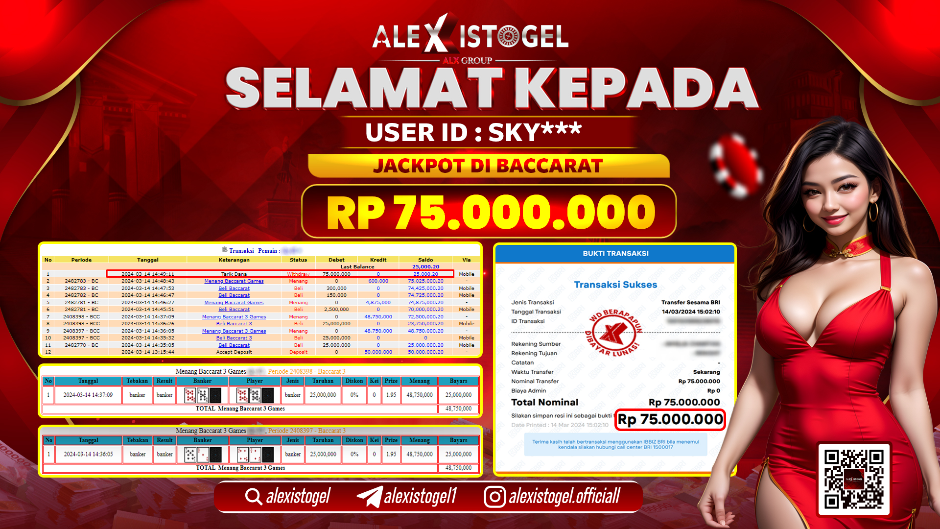 ALEXISTOGEL JACKPOT BACCARAT RP. 75.000.000 LUNAS