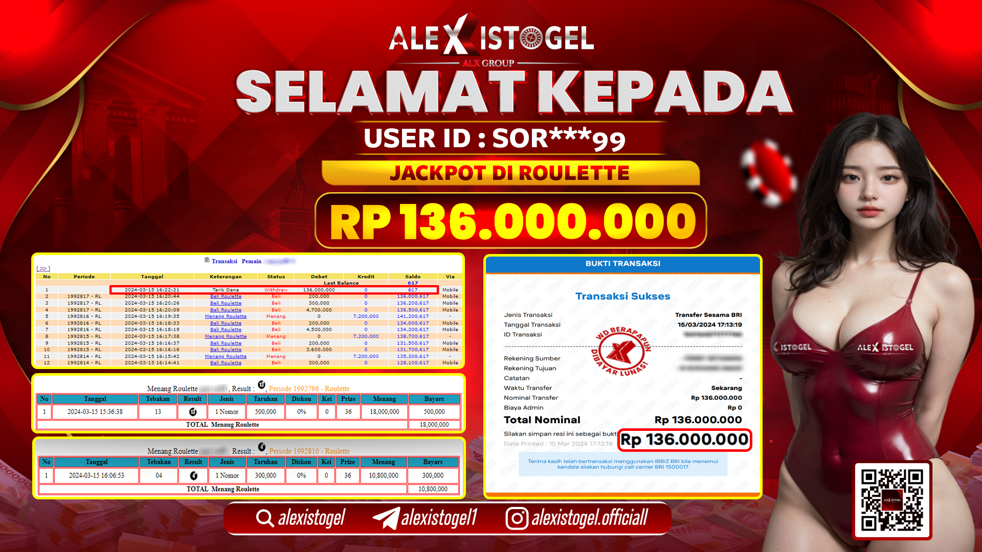 ALEXISTOGEL JACKPOT ROULETTE RP. 136.000.000 LUNAS