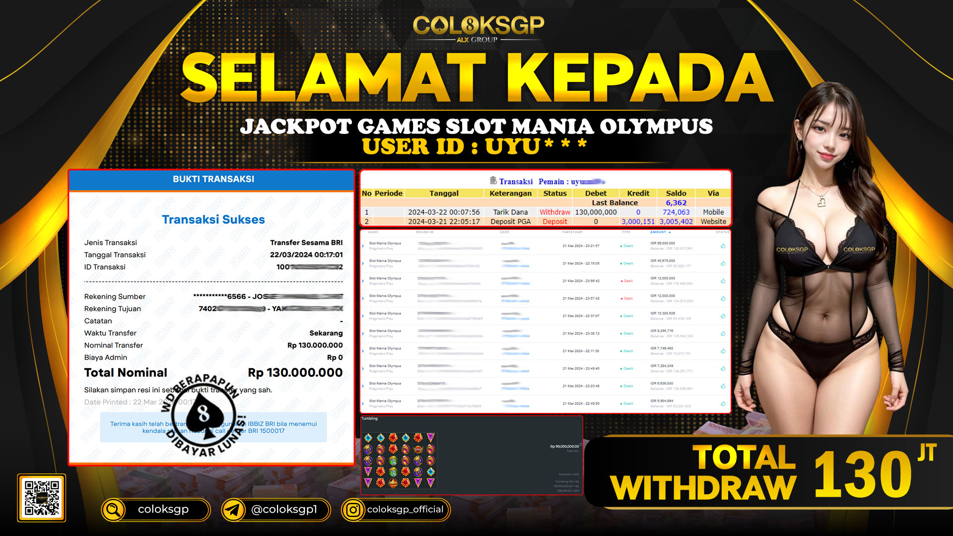 COLOKSGP JACKPOT SLOT GAMES RP 130.000.000 LUNAS