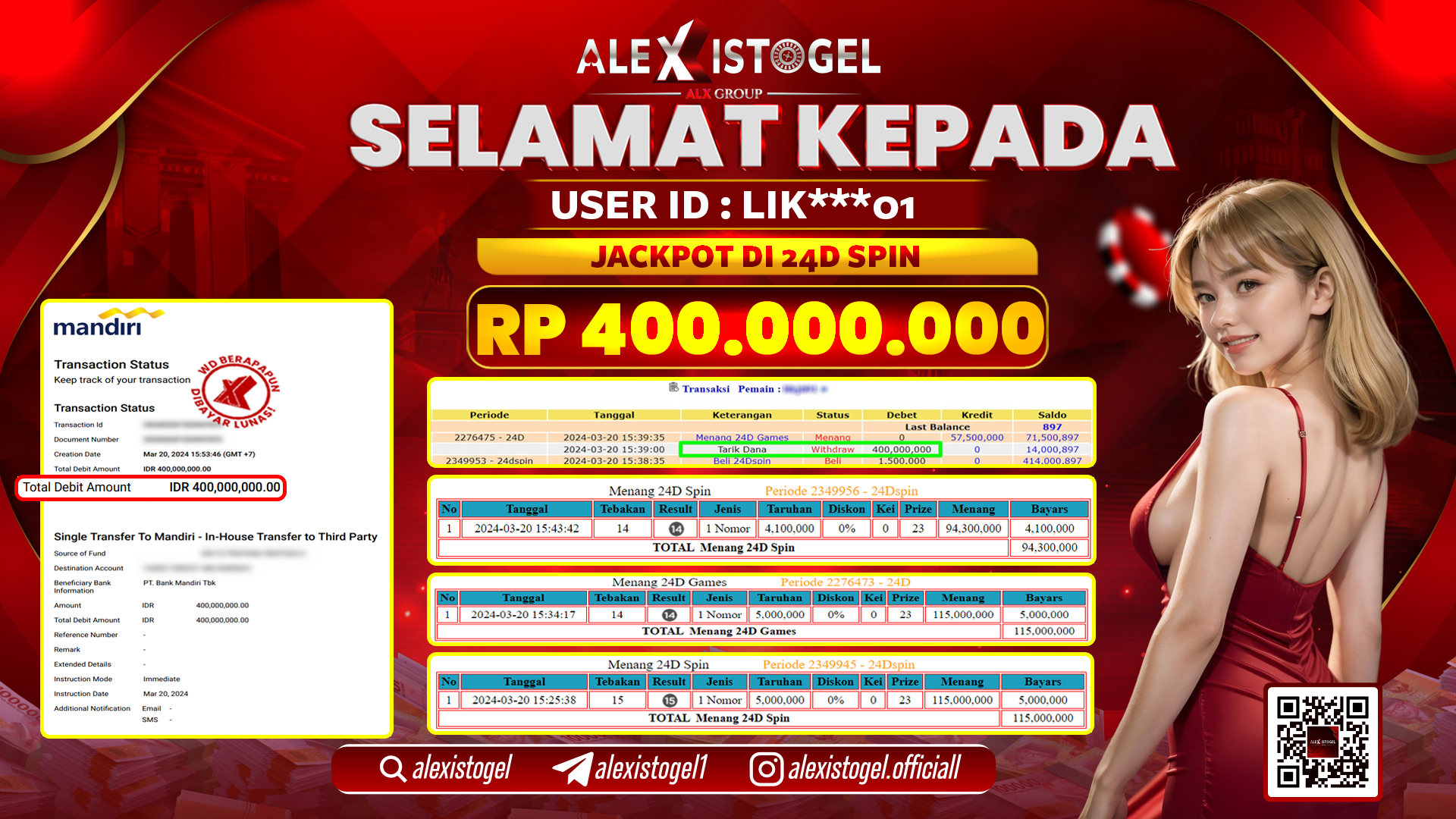 ALEXISTOGEL JACKPOT 24D SPIN  RP. 400.000.000 LUNAS
