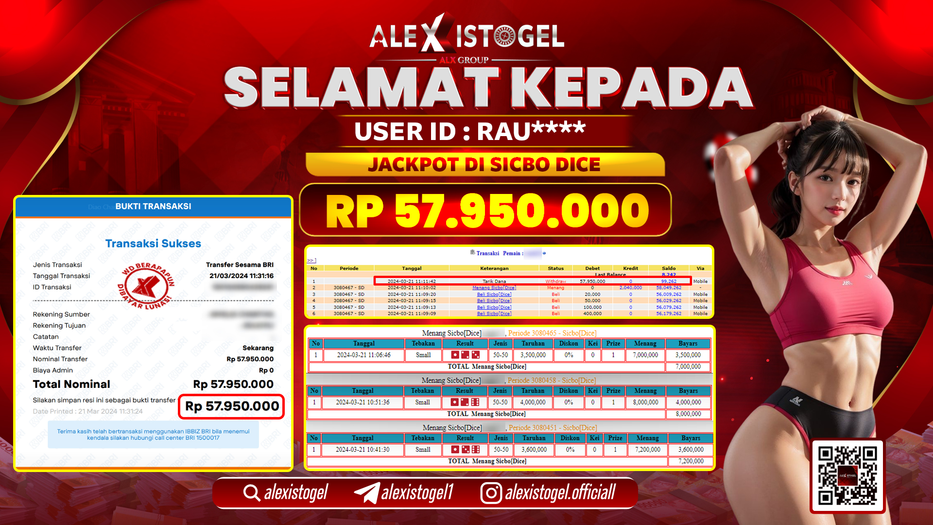 ALEXISTOGEL JACKPOT SICBO DICE  RP. 57.950.000 LUNAS